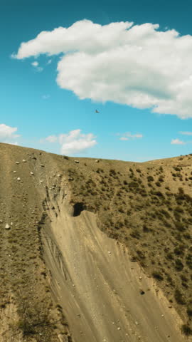 Bird flies over mountain river in valley fpv. Majestic eagle flight above water flow running between sloppy hills on sunny day. Magnificent virgin nature