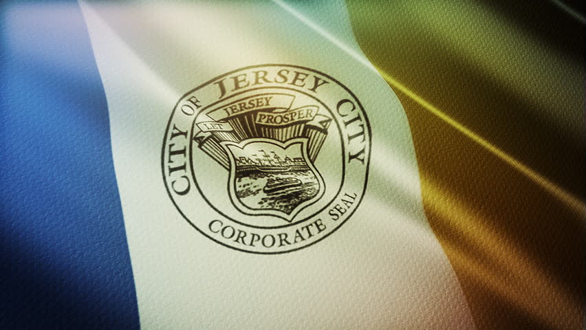 Jersey City or New Jersey (USA) flag waving in the wind with moody lighting and highly detailed fabric texture. Close-up of up New Jersey city flag. 