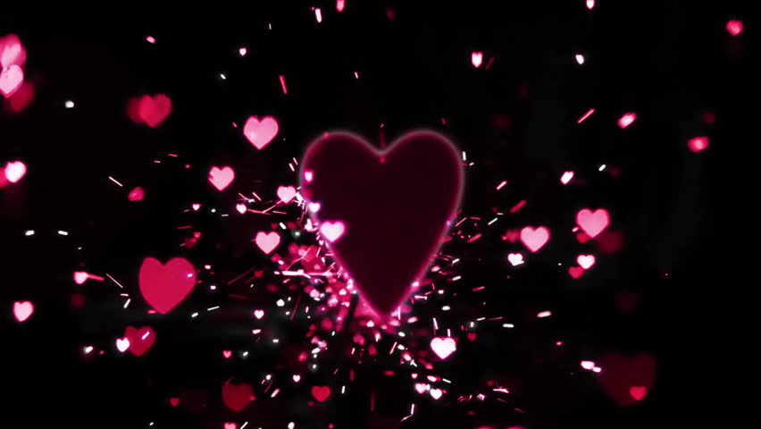 Red neon heart emerging in starry void causing shards bursting with rainbow ring expanding. Romantic, celestial, luminous, cosmic, abstract, vibrant, energetic