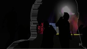 Three women silhouettes moving to beat as glitch overlay pulses and reveals performer in tech demo. Concert, nightlife, lighting, atmosphere, performance, entertainment, abstract - Powered by Shutterstock - Get 15% off with code: PIKWIZARD15