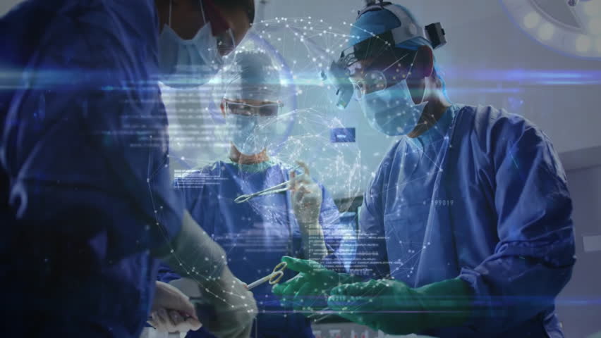 After AR overlay appearing, surgical team making incisions, exchanging instruments for guidance. Medical, innovation, technology, collaboration, precision, healthcare, modern - Powered by Shutterstock - Get 15% off with code: PIKWIZARD15