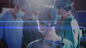 Female surgeon initiating incision, panning revealing surgical team operating, sliding data streams. Medical, teamwork, high-tech, innovation, healthcare, precision, collaboration - Powered by Shutterstock - Get 15% off with code: PIKWIZARD15