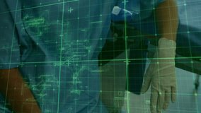 Gloved hand activating pulsing grid overlay, female nurse revealing face preparing for surgery. Medical, technology, futuristic, clinical, innovation, healthcare, sterile - Powered by Shutterstock - Get 15% off with code: PIKWIZARD15