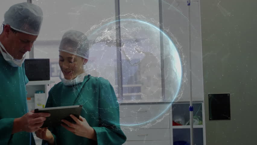 Woman tapping tablet and medical surgeon analyzing patient metrics with rotating holographic globe. Medical, technology, innovation, healthcare, collaboration, futuristic, data - Powered by Shutterstock - Get 15% off with code: PIKWIZARD15