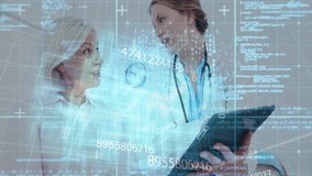 Doctor tapping tablet causing scrolling numeric overlay while explaining test findings to patient. Medical technology, digital health, senior care, healthcare consultation, telemedicine, futuristic, - Powered by Shutterstock - Get 15% off with code: PIKWIZARD15