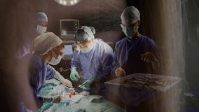 Lead surgeon making scalpel incision and coordinating team during operation in OR with code overlay. Medical, teamwork, clinical, innovative, sterile, diagnostic, healthcare - Powered by Shutterstock - Get 15% off with code: PIKWIZARD15