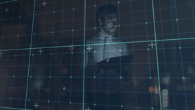 Tech analyst reaching for tablet and analyzing data on digital grid overlooking blurred city lights. Futuristic, innovation, technology, data, night, metropolis, professional - Powered by Shutterstock - Get 15% off with code: PIKWIZARD15