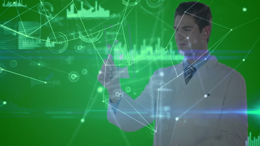 Lab scientist interacting with emerging 3D network tapping, swiping widgets for tech data analysis. Technology, innovation, data visualization, holography, digital interface, biomedical, futuristic