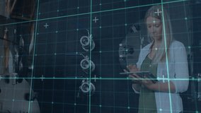 Technician tapping tablet screen in workshop and activating AR grid overlay diagnosing machinery. Augmentedreality, industrial, technician, maintenance, digitalinterface, robotics, precision - Powered by Shutterstock - Get 15% off with code: PIKWIZARD15