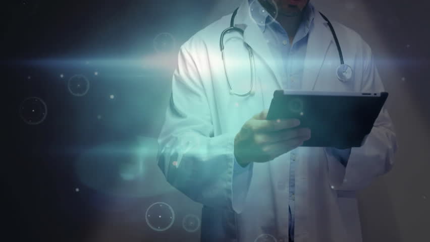 Doctor tapping tablet screen and summoning medical rings and network lines for analyzing data. Medical, technology, futuristic, interface, innovation, healthcare, digital - Powered by Shutterstock - Get 15% off with code: PIKWIZARD15