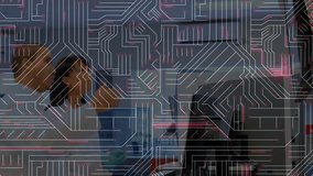 Tech overlay fading revealing woman typing, man shaking hands for meeting before overlay returning. Technology, collaboration, workspace, innovation, professionalism, modernity, teamwork - Powered by Shutterstock - Get 15% off with code: PIKWIZARD15