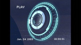 PLAY indicator appearing on tech HUD starting time incrementing to Jan. 24 1993 and rings rotating. Futuristic, hud, interface, glitch, retro, digital, animation - Powered by Shutterstock - Get 15% off with code: PIKWIZARD15
