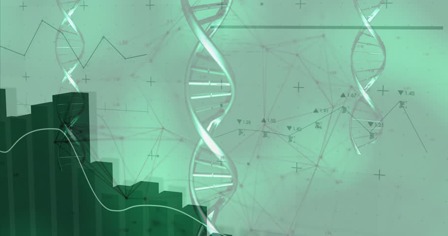 On startup DNA helix appearing and rotating with rising bar chart and plotting data for insights. Biotechnology, innovation, data visualization, scientific, futuristic, analytics, digital art
