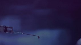 Syringe entering left, droplet falling, ripple expanding, icons shifting, showing healthcare theme. Medication, immunization, hygiene, protection, medical, prevention, healthtech - Powered by Shutterstock - Get 15% off with code: PIKWIZARD15