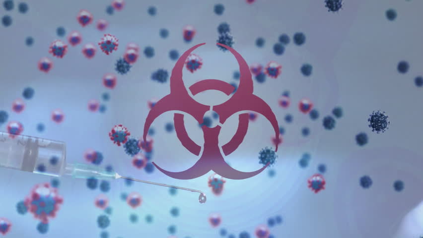 3D syringe dropping droplet onto surface, causing ripples around biohazard icon with virus drifting. Hazard, contamination, health, risk, laboratory, molecular, safety - Powered by Shutterstock - Get 15% off with code: PIKWIZARD15
