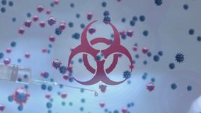 3D syringe dropping droplet onto surface, causing ripples around biohazard icon with virus drifting. Hazard, contamination, health, risk, laboratory, molecular, safety - Powered by Shutterstock - Get 15% off with code: PIKWIZARD15