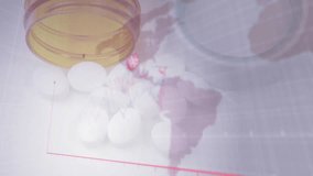 Pill bottle tipping tablets spilling bars rising map fading and lens zooming data for analysis. Medical, health, analytics, visualization, data, technology, global - Powered by Shutterstock - Get 15% off with code: PIKWIZARD15