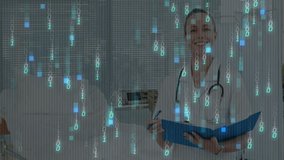 Physician entering hospital opening blue file binary digits streaming guiding digital chart notes. Medical, healthcare, technology, data, analysis, diagnostic, documentation - Powered by Shutterstock - Get 15% off with code: PIKWIZARD15