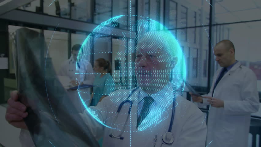 Senior doctor holding X-ray to light, holographic medical globe emerging, mapping security icons. Healthcare, telemedicine, digital health, medical technology, collaboration, innovation, futuristic - Powered by Shutterstock - Get 15% off with code: PIKWIZARD15