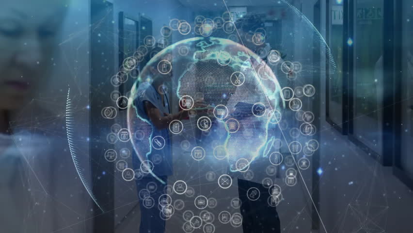 Doctors in corridor pointing tablet activating icons forming rotating globe displaying health data. Technology, healthcare, innovation, data visualization, digital, modern, collaboration - Powered by Shutterstock - Get 15% off with code: PIKWIZARD15