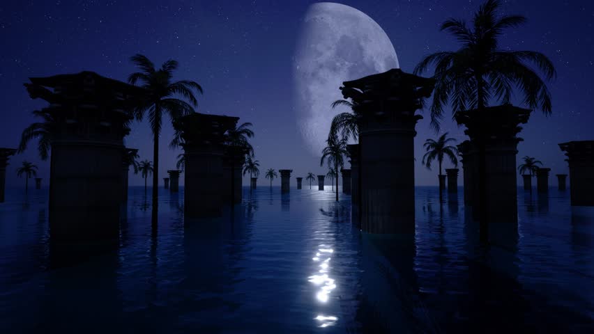Mystical night scene with palm trees, ancient ruins, and a giant moon reflected on tranquil waters - Powered by Shutterstock - Get 15% off with code: PIKWIZARD15