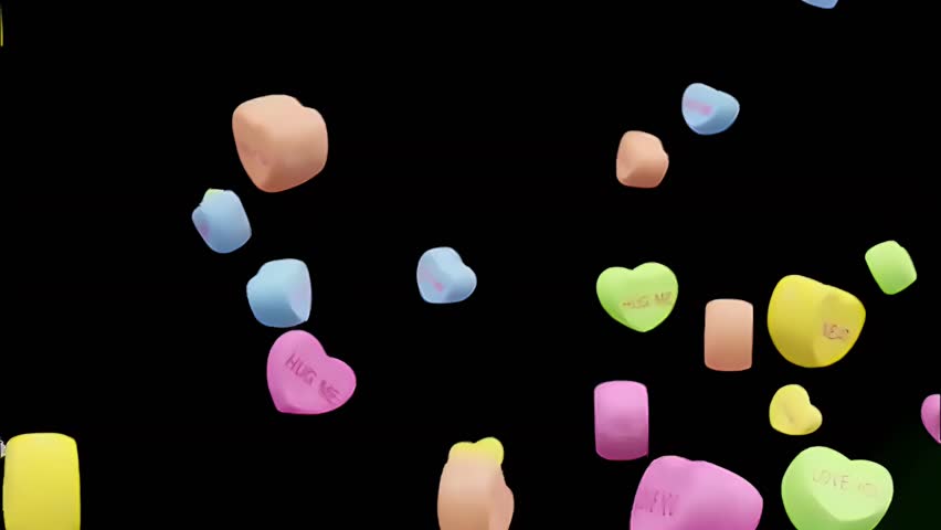 Falling Colorful Candy Hearts on Black Background