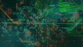 On startup waveform extending over grid, readouts pulsing before globe emerging visualizing data. Technology, data, digital, innovation, circuit, network, cyber - Powered by Shutterstock - Get 15% off with code: PIKWIZARD15