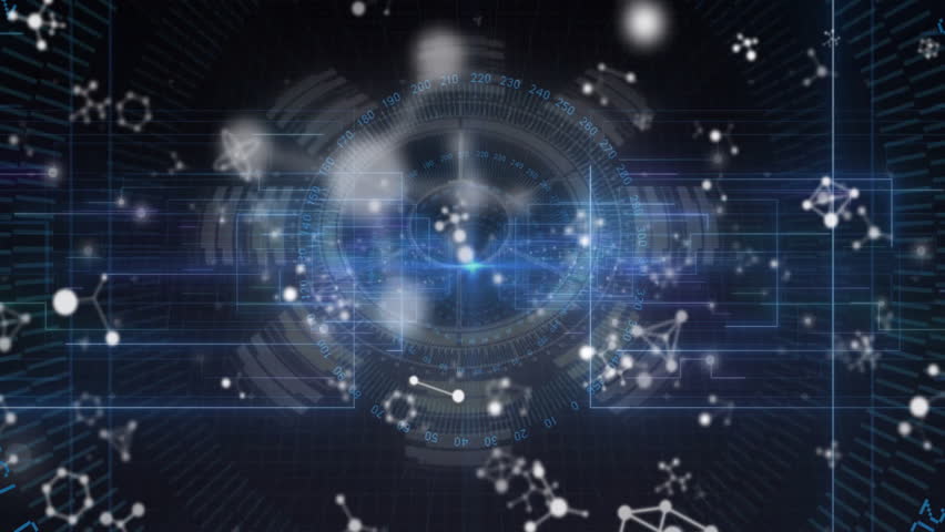 On startup spots appearing, HUD rotating as molecular rings drifting inward to activate interface. Technology, futurism, innovation, digital, interface, science, cybersecurity