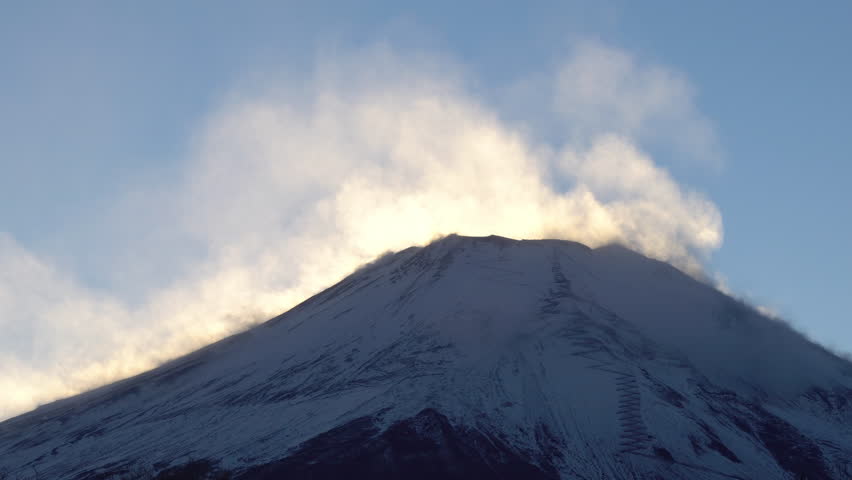 Powder Snow Blown from Mount Fuji's Summit by Strong Winds Creating Snow Plume