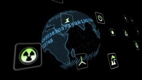 Opening on rotating 3D globe showing data flow while energy icons orbit mapping energy trends. Global, technology, innovation, sustainability, data visualization, renewable, digital - Powered by Shutterstock - Get 15% off with code: PIKWIZARD15