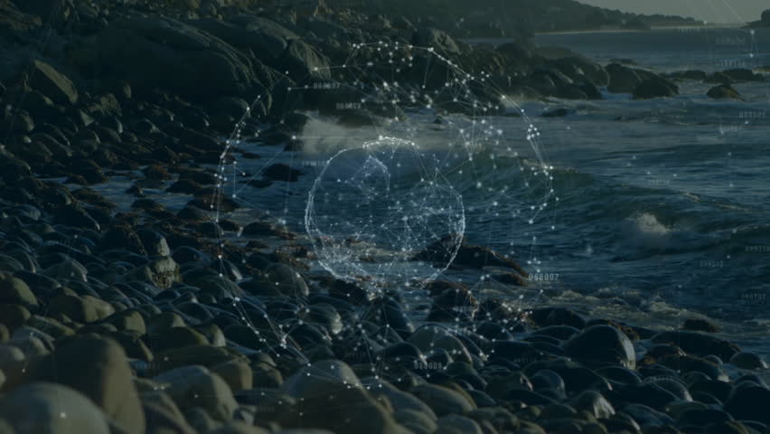 Glowing nodes emerging on rocky beach initiating sphere forming, rotating slowly for digital effect. Geometric, futurism, digitalart, abstract, technology, minimalism, innovation