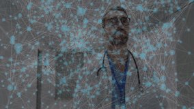 Upon network overlay start, doctor walking down hospital corridor highlighting healthcare data flow. Medical, technology, futuristic, clinical, innovation, professionalism, analytical - Powered by Shutterstock - Get 15% off with code: PIKWIZARD15