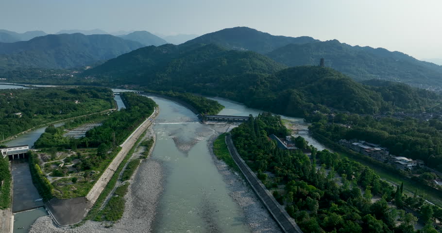 Aerial footage of landscape in dujiangyan, Sichuan province,China