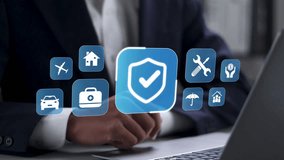 Insurance and assurance concept, Businessman using laptop with insurance icons for medical, life, car, home, travel insurance. - Powered by Shutterstock - Get 15% off with code: PIKWIZARD15