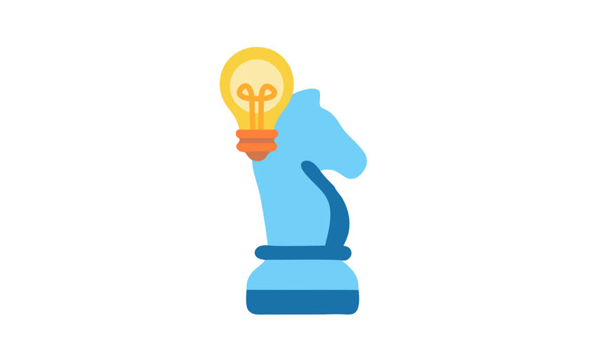 Chess knight with bright idea logo in cartoon animation. Strategic idea development project icon. Innovative thinking in brainstorming strategy symbol. Alpha channel. Seamless looping.