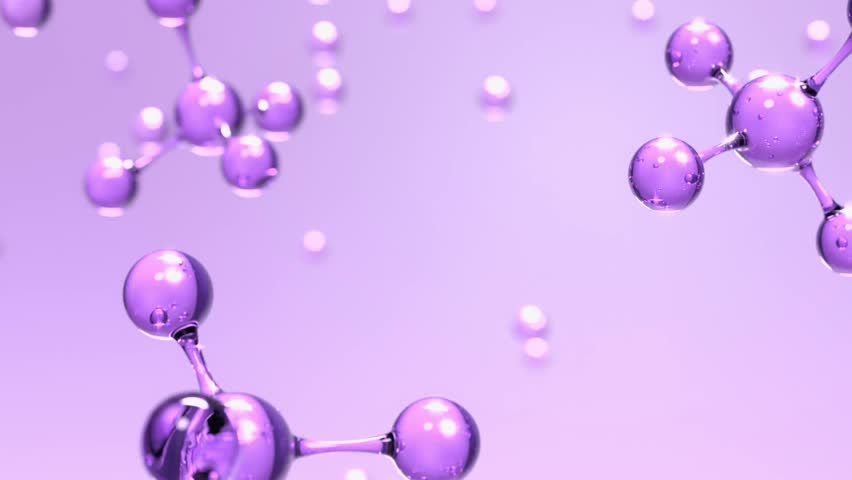 3D animation of floating purple molecules representing antioxidant skincare ingredients, scientific research, or internal biological processes. Ideal for cosmetic innovation, biotech visuals, and heal