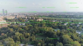 Drone capturing park view, waveform materializing and pulsing above canopy visualizing data trends. Urban, nature, data, technology, landscape, modern, visualization - Powered by Shutterstock - Get 15% off with code: PIKWIZARD15