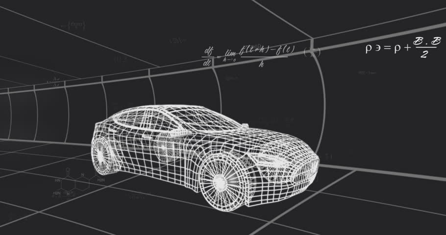 After one-second formulas appearing around wireframe car in tunnel, fading annotations showing tech. Futuristic, technological, engineering, digital, innovation, abstract, schematic