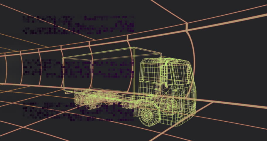 Upon start wireframe semi-trailer truck moving forward through neon tunnel creating motion illusion. Technology, digital, futuristic, transportation, movement, abstract, innovation