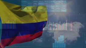 Sunlight sparking Colombian flag waving while data sliding and graphs rising showing market data. Patriotism, finance, analytics, motion graphics, outdoor, business, industry - Powered by Shutterstock - Get 15% off with code: PIKWIZARD15