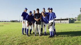 Coach and team standing on baseball field, emojis starting floating upward showing sports sentiment. Athletics, teamwork, determination, competition, energy, outdoor, vibrant - Powered by Shutterstock - Get 15% off with code: PIKWIZARD15