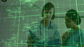 Doctor tapping clipboard beside nurse at hospital corridor, reviewing lab results with AR overlays. Medical, healthcare, collaboration, technology, diagnostic, professional, innovation - Powered by Shutterstock - Get 15% off with code: PIKWIZARD15