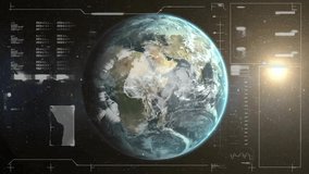 On launch 3D Earth globe rotating eastward clouds moving and HUD updating simulating sunrise scan. Technology, visualization, animation, data, analytics, innovation, futurism - Powered by Shutterstock - Get 15% off with code: PIKWIZARD15
