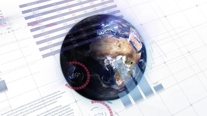 3D globe appearing and rotating, charts emerging and arcs intensifying visualizing data trends. World, visualization, analytics, technology, network, digital, data