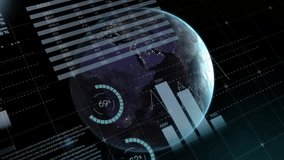 Globe rotating with data table updating gauge cycling pie charts sliding map fading graphs rising. Technology, data visualization, dashboard, holographic, analytics, futuristic, infographic - Powered by Shutterstock - Get 15% off with code: PIKWIZARD15