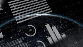 Fading UI elements initiating over grid while revolving 3D Earth globe showcasing live data metrics. Technology, analytics, visualization, digital, futurism, innovation, data - Powered by Shutterstock - Get 15% off with code: PIKWIZARD15