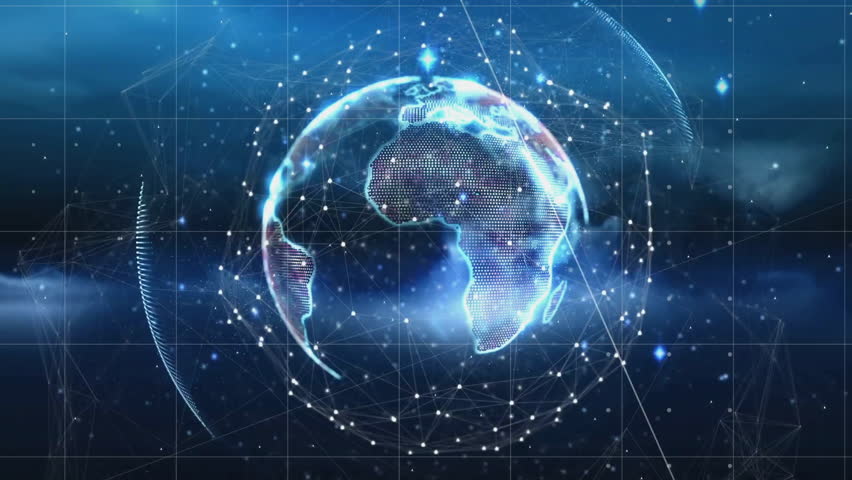 When holographic Earth fading in, globe rotating with web and data labels visualizing connectivity. Digital, futuristic, global, connectivity, technology, network, virtual