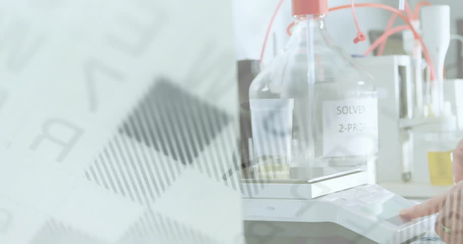Lab scientist lifting test tube and activating liquid flow for monitoring volume with data overlays. Sciencelab, chemistry, research, innovation, precision, laboratoryequipment, scientific