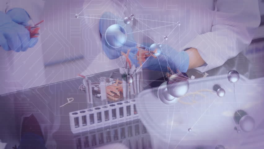 Molecular overlay flickering during gloved hands moving sample across rack tray vial for analysis. Science, laboratory, nanotechnology, innovation, research, precision, analysis