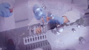 Molecular overlay flickering during gloved hands moving sample across rack tray vial for analysis. Science, laboratory, nanotechnology, innovation, research, precision, analysis - Powered by Shutterstock - Get 15% off with code: PIKWIZARD15